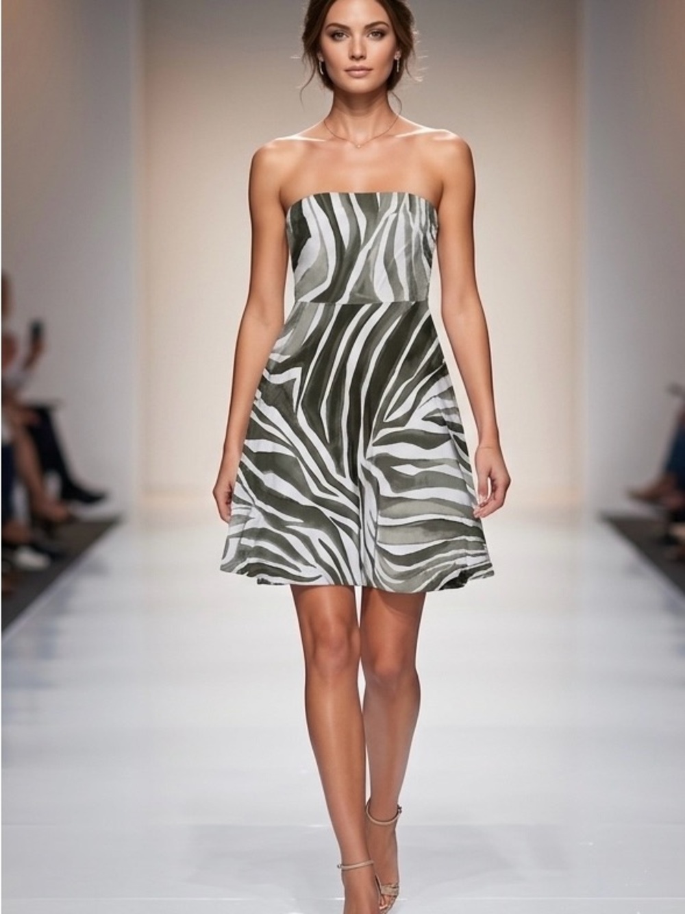 Tommy Bahama Olive and White Strapless Zebra-Print A-Line Dress